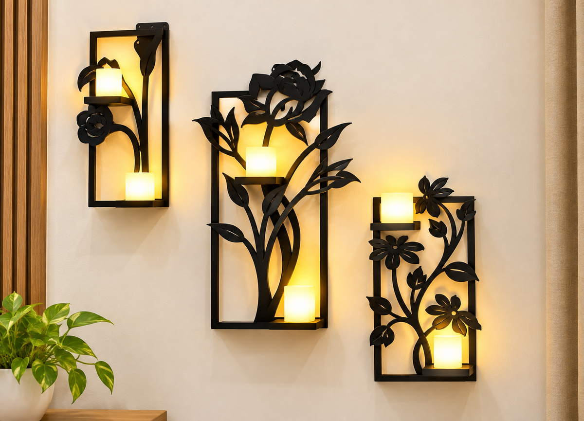 3-Piece Floral Wall Shelf Set with Candle Holder | Elegant Wall Decor – All Item Mart